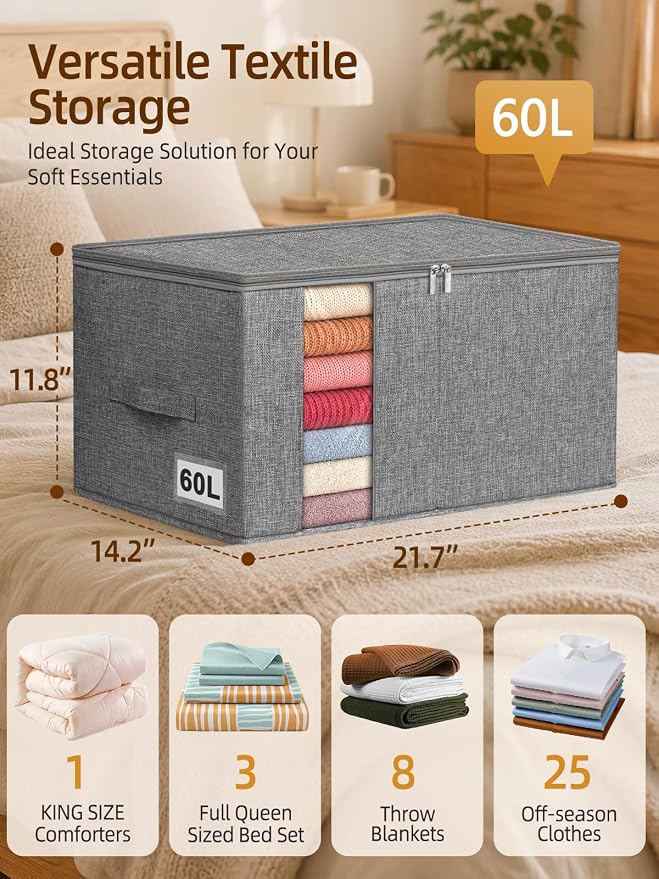 60L Rigid-Sided Blanket Storage Bags, 2 Pack, Gray | Rigid Sides and Bottom, Stackable Design, for Comforters, Quilts, Bedding, Pillows and Clothes, Closet and Dorm Organization