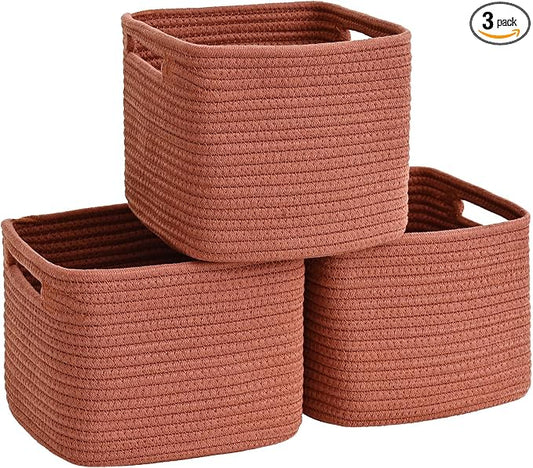 3 Pack Cube Storage Bin, 9”x9”x7” Cotton Rope Woven Baskets for Organizing Toys Clothes Towels, Square Gift Storage Baskets for Shelves, Nursery, Closet, Bathroom, Pantry (Red)