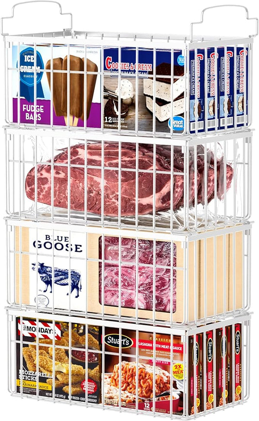 MSERCUOR Freezer Organizer Bins, 4 Pack Stackable Deep Chest Freezer Organizer Bins, Foldable Baskets with Handles, White Storage Container Baskets for 5/ 7 Cu.FT Sort Frezen Meats