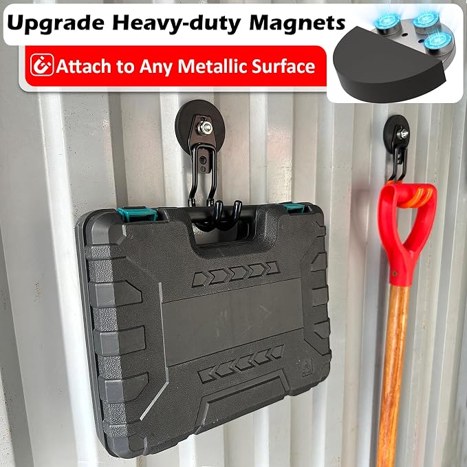 MUTUACTOR Upgraded Magnetic Hooks Heavy Duty,20lbs 2PCS Magnetic Mounting Garage Utility Magnet Hook for Hanging,Anti-Slip Durable Metal J-Hooks Magnetic Hook for Garden Hose Electric Cables Shovels