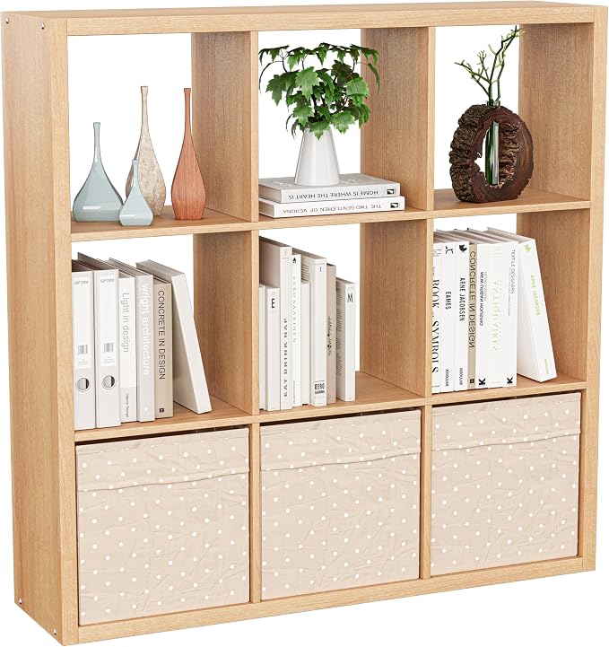 VDNEND Cube Storage Organizer Bookcase, Decorative 11 inch Open Back Cubical Shelf with Thickened Border, Display Bookshelf for Living Room, Home Office, Sturdy Room (Natural Oak, 9 Cube)