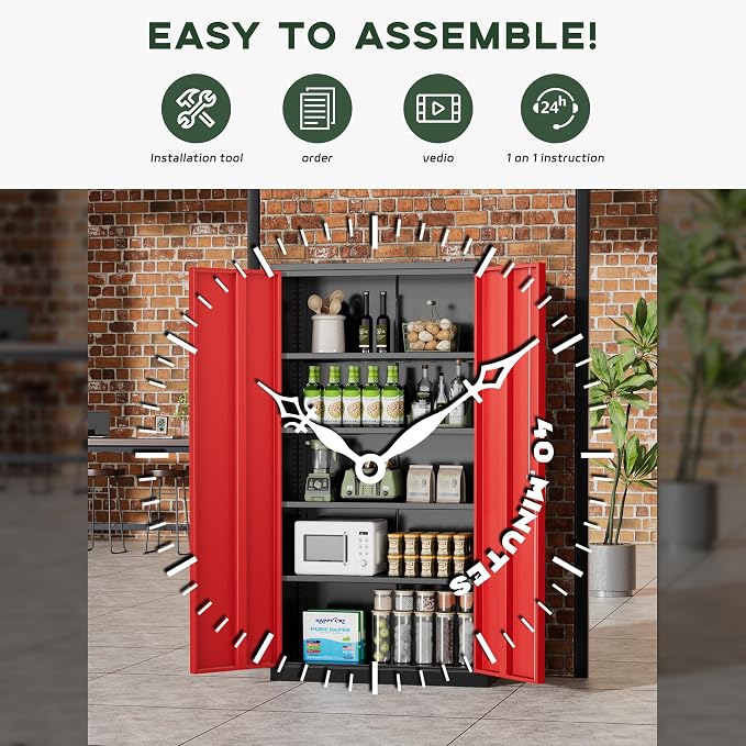 Greenvelly Metal Garage Storage Cabinet, 72" Black Red Tool Steel Locking Cabinet with Doors and 4 Shelves, Tall Cabinets for Garage Storage Systems Lockable File Cabinet for Home Office,Garage