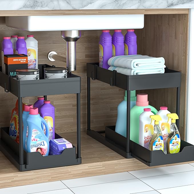Under Sink Organizer 2 Pack,2 Tier Slide Out Storage for Kitchen Bathroom | Multi-purpose Under Cabinet Storage Rack Fit Kitchen Sink, Bathroom Vanity, Easy Assembly