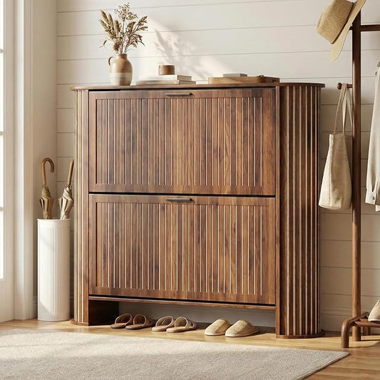 Narrow Shoe Storage Cabinet for Entryway, Slim Fluted Shoe Cabinet with 2 Flip Drawers, Wood Hidden Shoe Rack Organizer for Entry Way, Entrance, Foyer, Hallway, Walnut, Wooden, Thin
