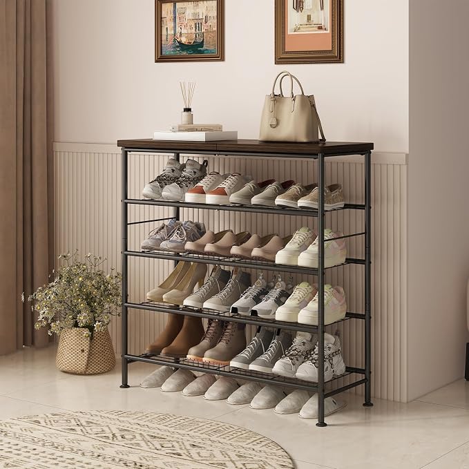 SUOERNUO 5 Tier Shoe Rack Organizer for Closet Shoe Storage for Entryway | Free Standing with MDF Top Board,Sturdy Metal Frame,Ideal for Living Room,Hallway Black
