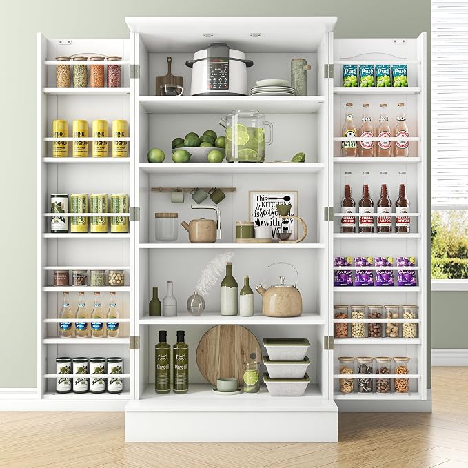 kepptory 47” Pantry Cabinet, Kitchen Pantry Storage Cabinet with Doors and Adjustable Shelves,Freestanding Buffet Cupboards Sideboard for Living Room and Dinning Room (White)
