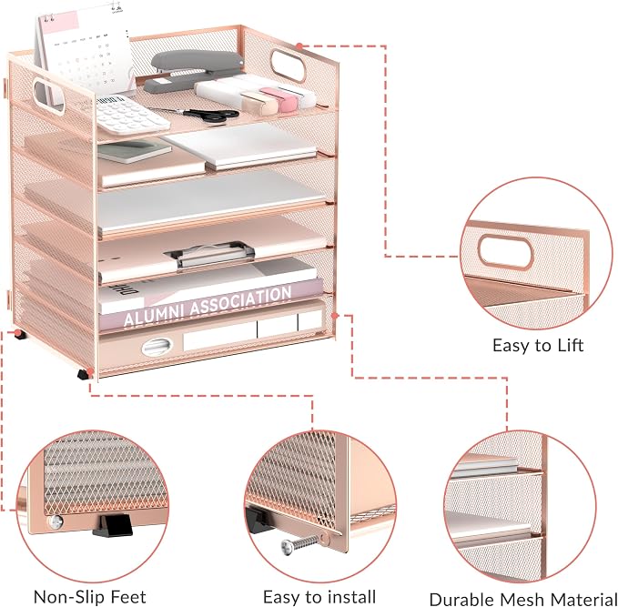 Daltack 6-Tier Paper Organizer for Desk with Handle, Rose Gold, 2 Pack | Sturdy Metal Mesh Organizer with Movable Middle Trays and a Carry Handle for Papers, Folders and Office Supplies