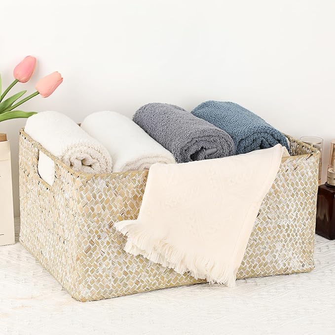 Hipiwe Wicker Shelf Baskets Seagrass Storage Opened Baskets Bin with Handle | Rectangular Closet Bedroom Basket Organizer Box, Multipurpose Woven Basket Home Organizer, Whitewash 14.6"x 10.6" x 7.1"