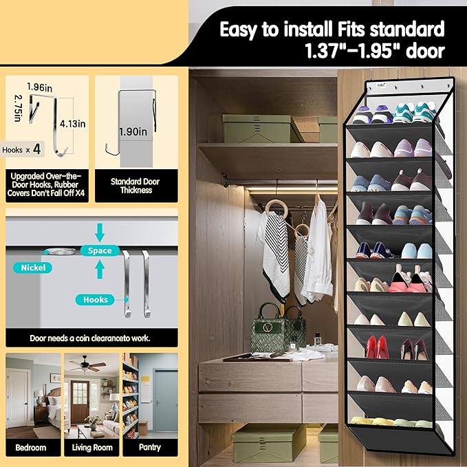 Kotkn 10 Tier Hanging Shoe Rack - Heavy Duty Behind The Door Hanging Shoe Rack, Sturdy Oxford Cloth, 20+ Pairs Over The Door Shoe Cabinet for Boots and Sneakers - Save 50% Closet Space! (Piano White)