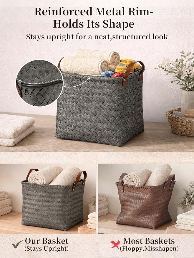Wicker Storage Baskets, 4 Pack Woven Baskets for Shelves, Grey | PP Rattan, Water-resistant Wicker Basket, Large Baskets with Faux Leather Handles for Blanket, Laundry Organizer, Room Decor