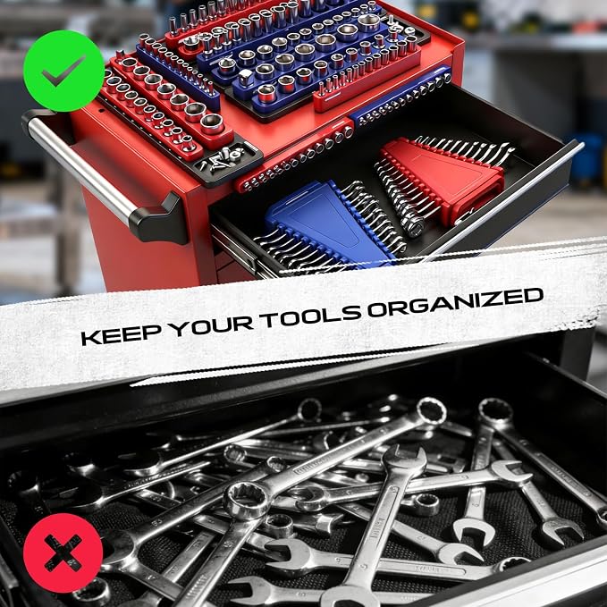 8-Piece Magnetic Socket and Wrench Organizer Set, Metric & SAE, 1/4", 3/8", 1/2"Drive Detachable Socket Storage Tray, 24-Slot Wrench Holder with Non-Slip Handle & Lock Cover for Toolbox Drawer Storage