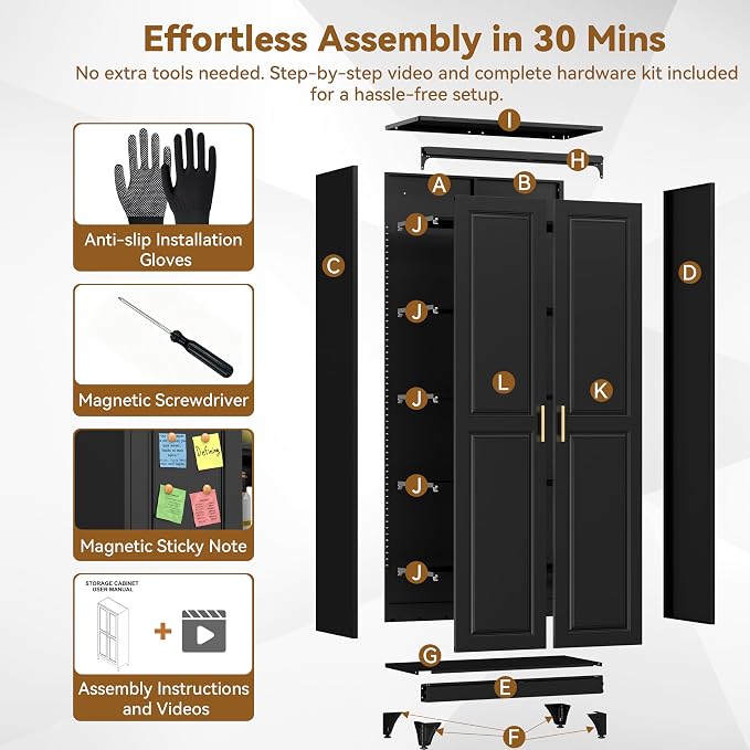Polup 75" Pantry Cabinet, Tall Metal Storage Cabinet with Doors and Shelves | Black Kitchen Cabinet, 5 Adjustable Shelving, Heavy-Duty Steel, Gold Handles, 4 Standing Feet, for Garage Office & Laundry