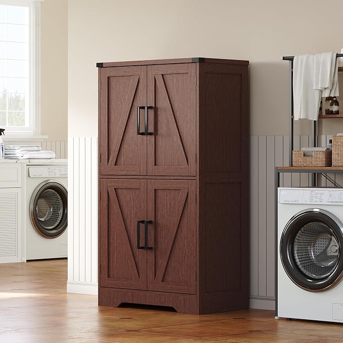 Treocho Farmhouse Bathroom Floor Cabinet with Adjustable Shelves | 13.78"D x 23.62"W x 43.46"H, Freestanding Kitchen Pantry Cabinet, Cupboard for Living Room, Dining Room, Walnut