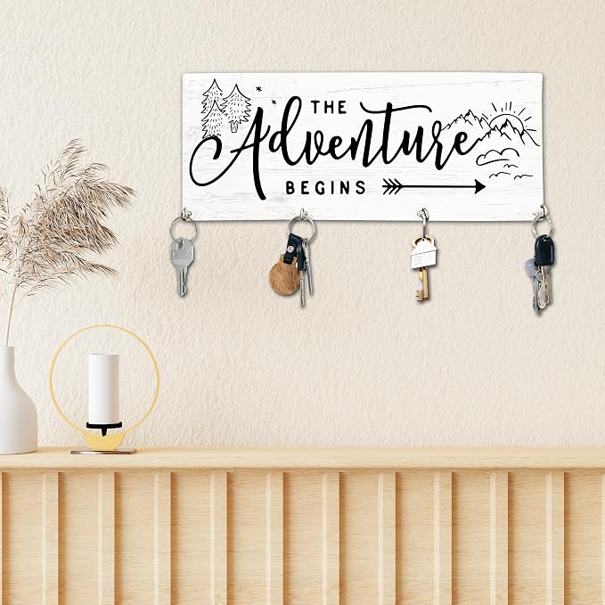 The Adventure Begins Wooden Key Holder for Wall - 5"x10" Key Organizer Hanger with 4 Hooks for Home Front Door Hallway Entryway Kitchen - Home Office Decor & Housewarming Gifts Supplies - A02