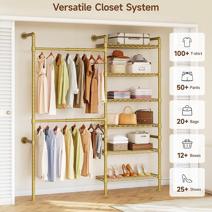 H2 Wall Mounted Clothing Rack, Expandable Industrial Pipe Clothes Rack Garment Racks for Hanging Clothes, Heavy Duty Closet Organizers and Storage in Closet System, Gold