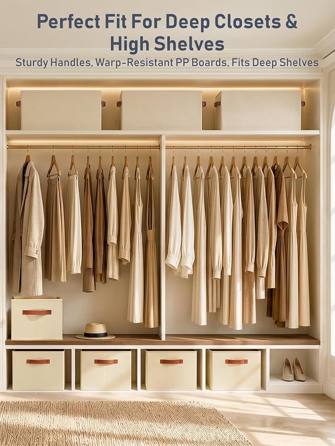 6 Pack Large Closet Storage Baskets Bins for Shelves, Collapsible Fabric Closet Organizers and Storage with Polyester Handles, Decorative Baskets for Organizing Clothes, Towels, Linen Closet 14"x10"