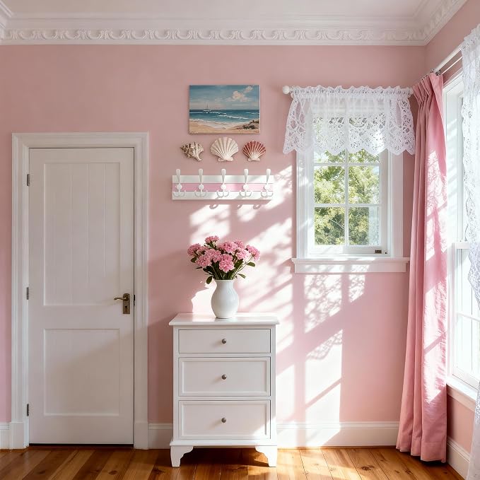 SKOLOO Coastal Wall Mounted Coat Rack - 16-7/8" Beach House Entryway Wooden Coat Hook with 5 Hooks for Hanging Coats, Hats or Towels, Oceanfront Cottage Core Collection, White & Palm Beach Pink