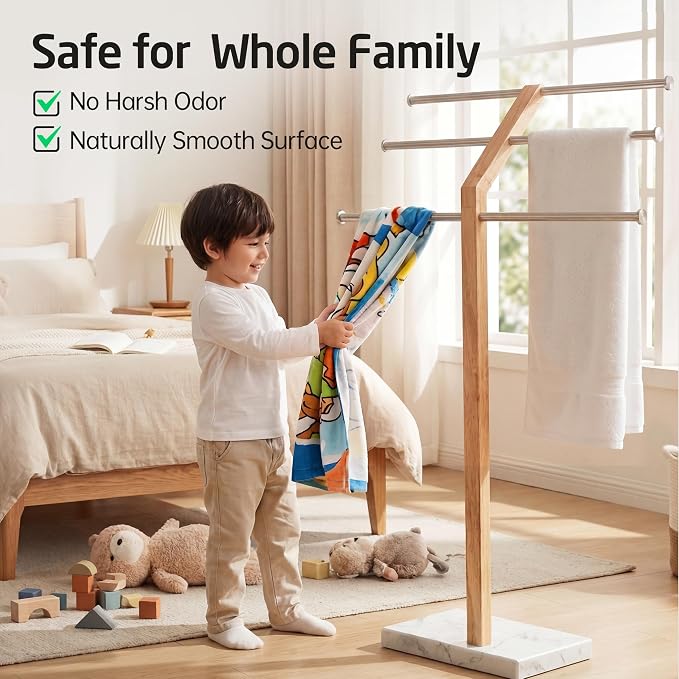 KES No Wobble Wooden Standing Towel Rack with Weighted Natural Marble Base | 3 Tier Width Adjustable Free Standing Towel Rack Stand for Bathroom, Pro-Grade 18/8 Stainless Steel, Brushed Finish