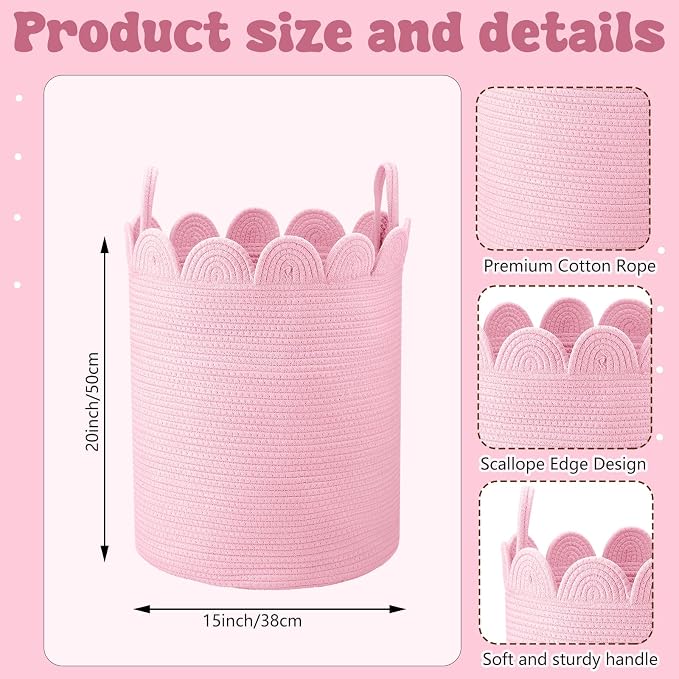 LemonRoad Pink Round Tall Basket Large Blanket Basket 15" x 20" Scalloped Woven Baskets Cotton Storage Baskets for Nursery Classroom Closet Blankets Storage Home Decor