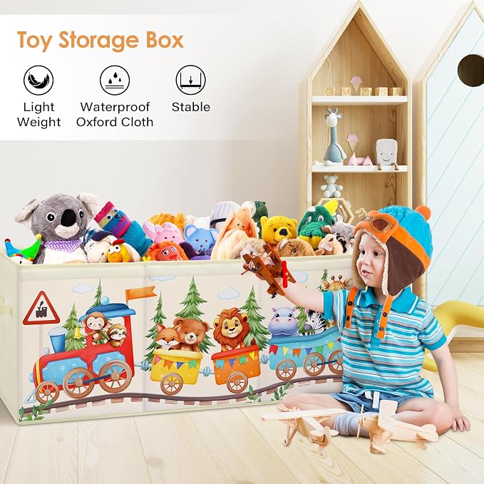Large Toy Box Collapsible Chest Organizer with Flip Lid for Kids | Oxford Storage Box with Handle for Boy Girl Sturdy Waterproof Organizing Decor for Bedroom Playroom Nursery 37.7×12.5×15.7''
