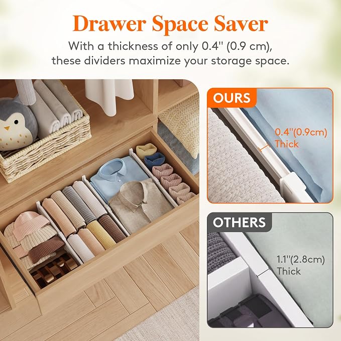 Lifewit 9 Pack Drawer Dividers for Clothes, 4" High 10.5"-16.5" Expandable Dresser Drawer Organizers, Adjustable White Plastic Separators for Kitchen, Cabinet, Nursery, Socks & Underwear Storage