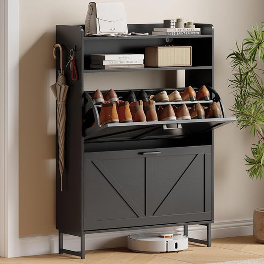 Shoe Cabinet with 2 Flip Drawers, Freestanding Hidden Shoe Storage Organizer for Entryway, Narrow Slim Shoe Rack Cabinet with Open Storage & Hooks for Front Door Entrance, Living Room, Hallway, Black