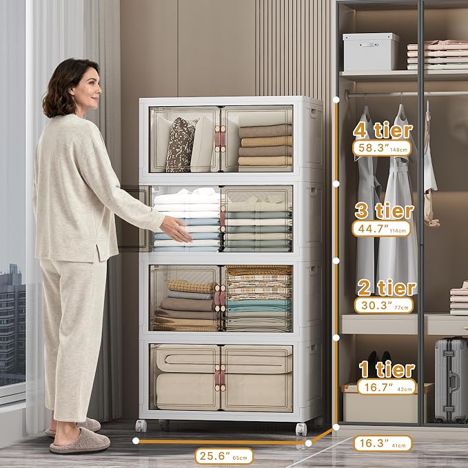 UAMFURI Stackable Storage Bins, 896QT Collapsible Drawers with 2 Lids | Large Capacity, Magnetic Door, Stack Lock, Rolling Wheels, Foldable Design, Organizers and Storage for Bedroom Dorm Garage