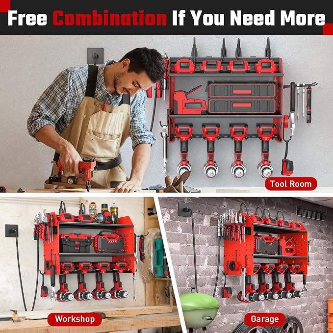 Power Tool Organizer Wall Mount 3 Layer Charging Station with 6 Outlets | Heavy Duty Tool Holder Storage Shelf Rack for Garage, Workbench and Workshop, Black, 4 Drill Holders and Drill Bit Rack, Red