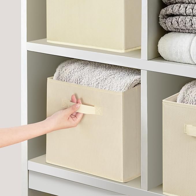 11x11 Inch Storage Bins Cubes, Fabric Foldable Storage Box, Collapsible Closet Organizer for Clothes, Blankets, Office, Bedroom, Living Room, Shelf Cabinet, Bookcase, Beige, 3 Pack