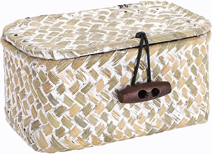 Hipiwe Wicker Shelf Basket Box with Lid Decorative Basket Handwoven Seagrass Storage Organizer Basket Decorative Basket, Whitewas 4.3" x 2.5" x 2.1"