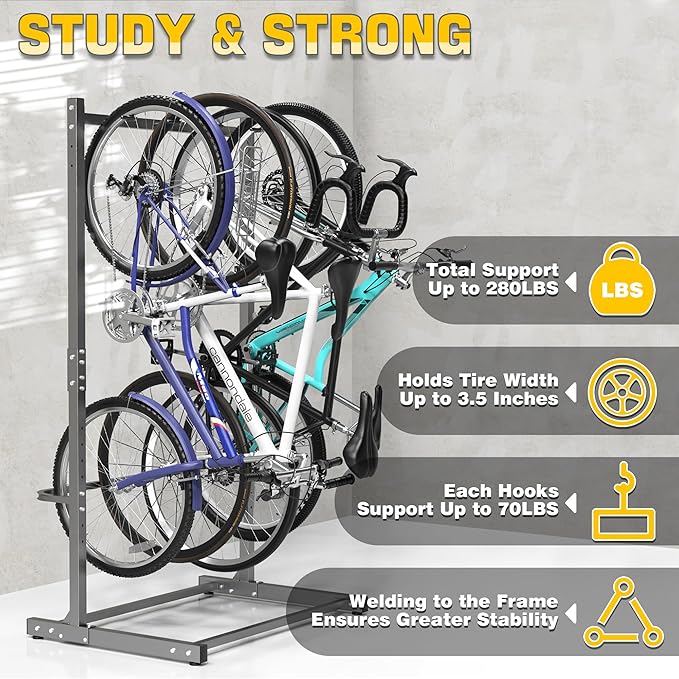Ultrawall Freestanding Bike Rack, Vertical Bike Storage Stand for Garage, Indoor Bicycle Organizer, Holds Up to 4 Bikes