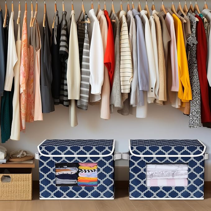 Univivi Fabric Foldable Storage Boxes with Lids, 4 Pack, Blue Lantern | 17 x 12 x 12 In Large Stackable Storage Bins with Lids, Closet Organizers and Storage Cube Basket for Home, Office, Bedroom