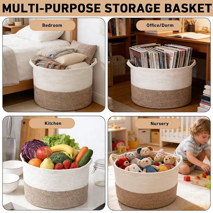 115L Extra Large Blanket Basket,Woven Laundry Basket- White & Brown | Collapsible Nursery Storage Bin with Sturdy Handles, Organizes Clothes, Toys and Pillows for Living Room, Bedroom, Bathroom