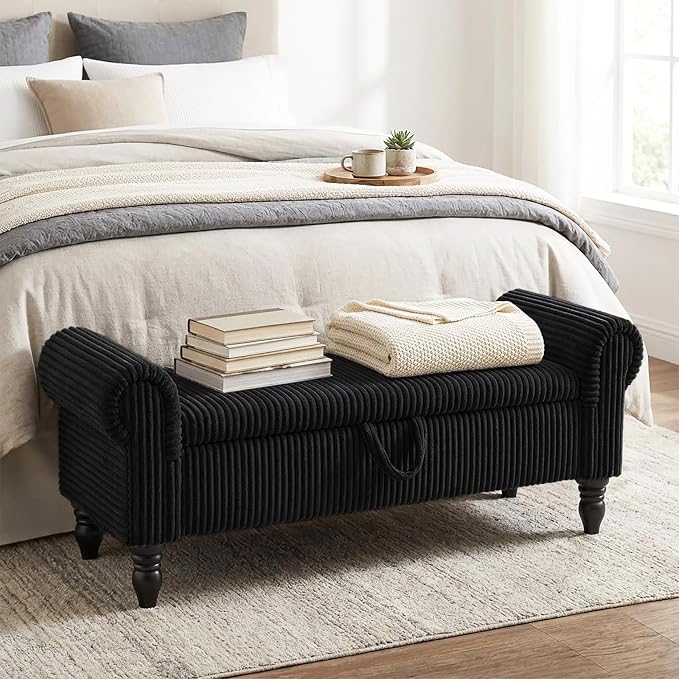 55" Corduroy Storage Ottoman Bench, Queen Bed, Black | End of Bed, Bedroom/Entryway/Closet, Window Seat, Lift-Top Storage, Tufted Button, Solid Wood Legs, for Queen & King