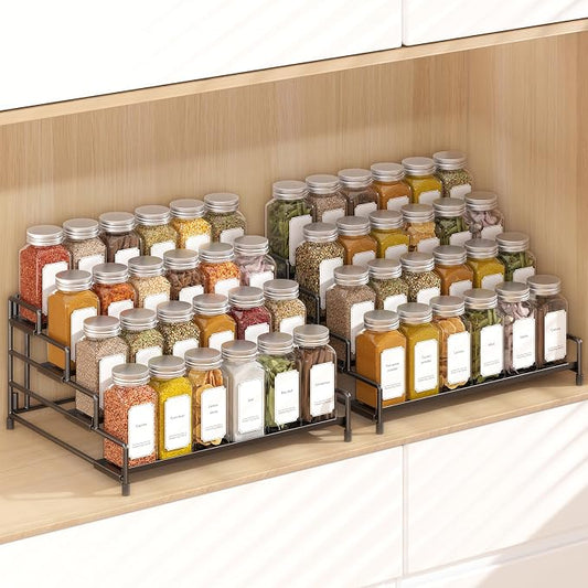 RUILALIFE 4-Tier-Spice-Rack-Organizer-for-Cabinet, Adjustable Depth Spice Holder Shelf For Countertop Pantry Cupboard, Metal Tiered Seasoning Organizer,Display Shelf Riser (Black-2 Pack)