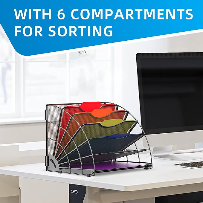 Fan Shaped Desk File Organizer, 6-Compartment File Holder for Desk | Metal mesh frame, tiered open design for easy access, organizes papers, folders and books for offices, schools and classrooms