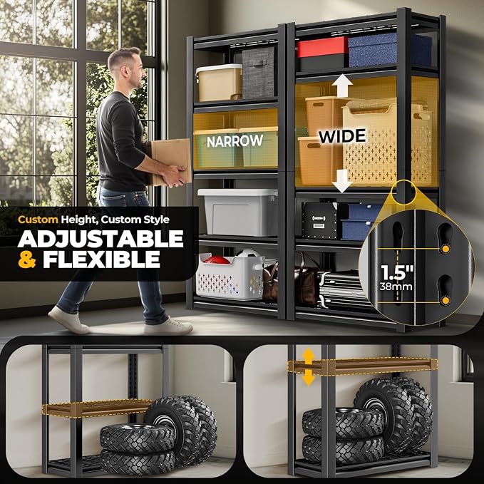 Auto Dynasty 5-Tier 72" H Garage Shelving, Heavy Duty Adjustable Metal Rack | 72"H x 35"W X16"D, 3000Lbs Capacity, 5 Adjustable Shelves, Metal Utility Rack for Pantry Kitchen & Warehouse, Black