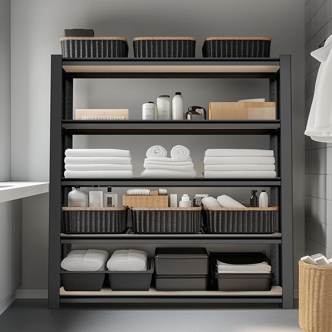 WORKPRO 5-Tier Black Shelving with Board, 48”W x 24”D x 72”H, 3000LBS Load | Adjustable, Heavy Duty, 3000lbs, Boltless Shelving for Kitchen, Living Room, Garage