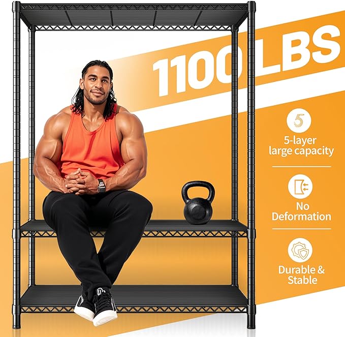 REIBII 72''H Metal Shelving 5-Tier Storage Shelves,1100lbs, Kitchen Pantry | Adjustable wire shelves,220 lbs/shelf, safety locks,adjusatble leveling feet,tool-free setup,fits garage, bathroom,commercial