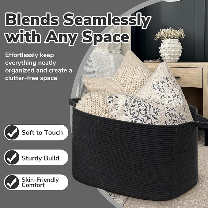 Goodpick Extra Large Cotton Rope Storage Basket with Handles, Black | 85L, 23.6 x 15.7 x 13.8 in, Rectangle, Living Room, Bedroom & Nursery Organization, Blankets, Pillows & Toys Storage