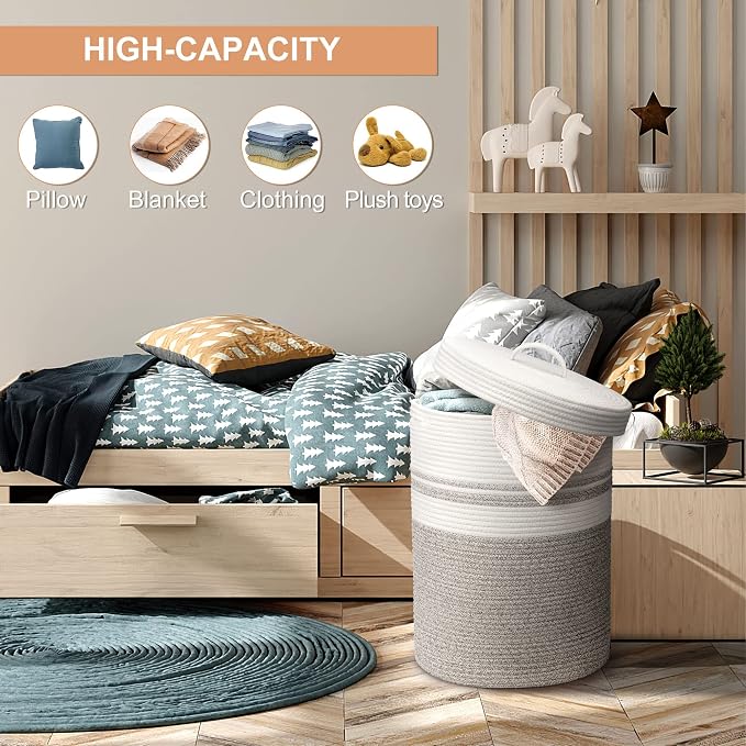 Laundry Hamper with Lid, Large Woven Laundry Basket，Blanket and Toy Storage Basket for Living Room, Bedroom, Bathroom, Nursery（Brown and White，55L）