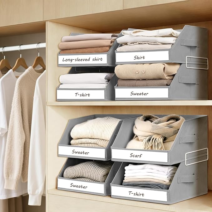 Closet Organizers and Storage - 5 Tier Shelf Organizer with Weekly Labels, Stackable Storage Bins with Metal Frame, Foldable Cube Bins, Home Baskets for Kids and Adults, Grey