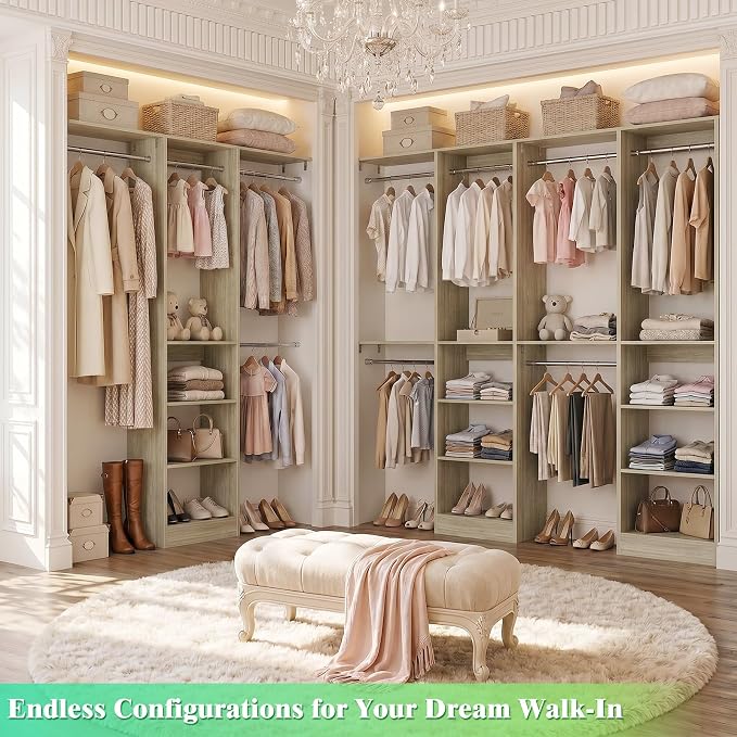 Besiost 48" Closet Organizer System, 4FT Closet System for Small Closets with 4 Hanging Rods & 3 Shelves, 80"H Small Closet Organizers and Storage for Bedrooms, Cloakrooms, White Oak