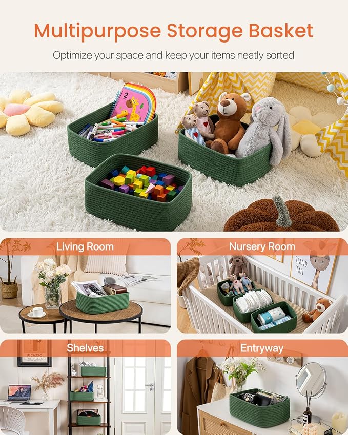 KALLAX Small Woven Storage Basket for Organizing, 13.5x9.5x5 inches, 3 Pack | Shelf baskets for closet organization, toy storage and home decor, Perfect as empty gift baskets for holidays, Green