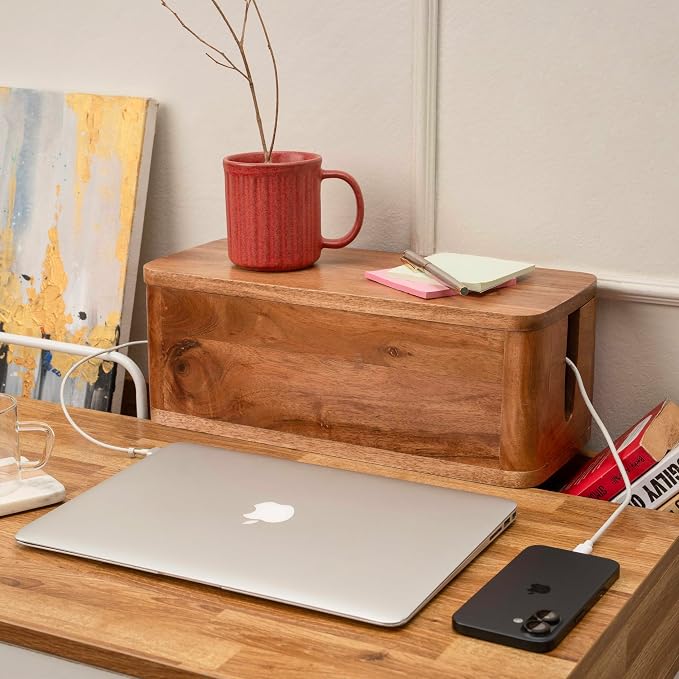 Acacia Cable Management Box - Rustic Design (Natural, Large) | Acacia Wood, Cable Organizer, Rustic Style, Modern Design, Desktop Storage