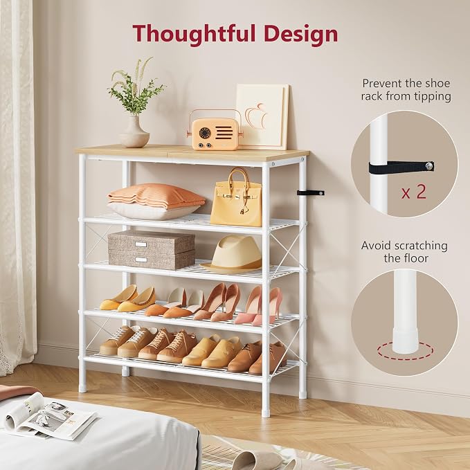 5 Tier Shoe Rack Organizer for 16-20 Pairs of Shoes, White & Log | Sturdy & Durable, X Shape Fixed Frame, Metal Mesh Shoe Shelf, Industrial, For Closet, For Entryway Shoe Storage