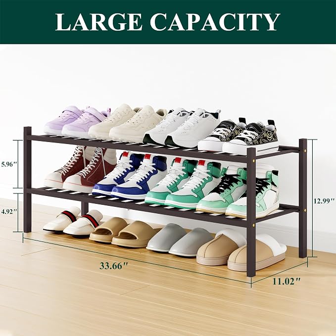 Smiry Bamboo Shoe Rack, 12 Vertical Slats, 2 Tier - 33.7" Wide, Brown | Stackable Free Standing Wooden Shoe Organizer, Wood Shoe Storage Shelf for Closet, Entryway