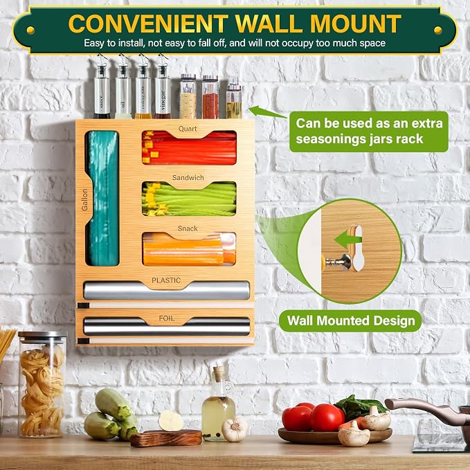 KOCWELL Bag Organizer and Plastic Wrap Dispenser with Cutter, 6 In 1 Bamboo Foil and Plastic Wrap Organizer for Kitchen Drawer, Food Storage Bag Organizer for Gallon,Quart,Sandwich,Snack(Yellow)