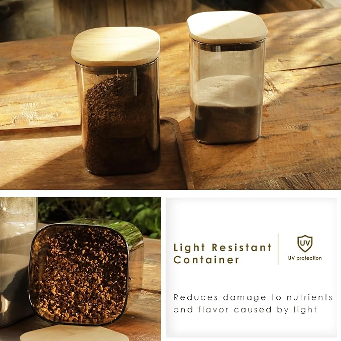 LIBWYS 4-Pack Anti-UV Square Glass Storage Jars with Bamboo Lids (1.22Qt) | Light Resistant Containers (LRC) for Pantry Organization, Coffee Beans, Loose Tea, Sugar, Pet Food | Kitchen Canisters Set