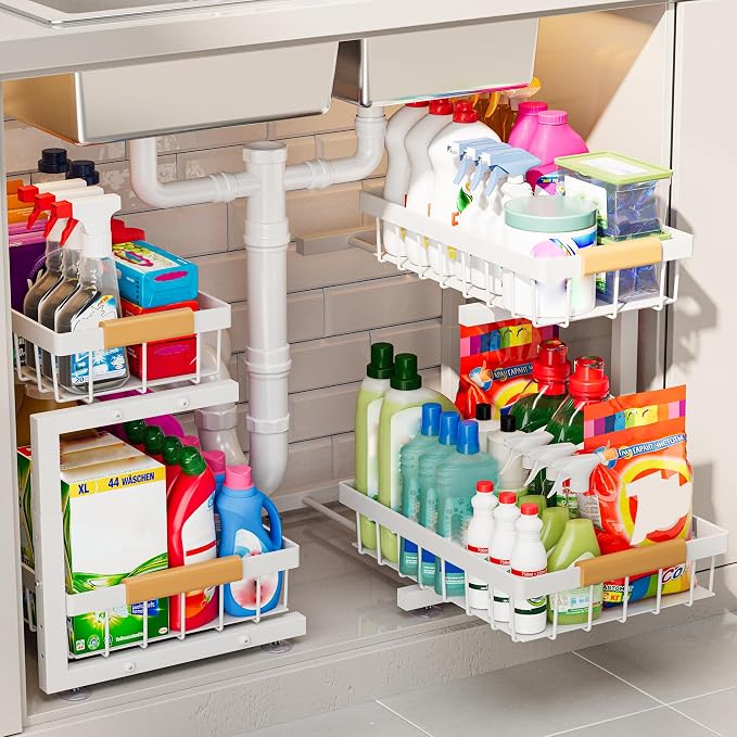 ADBIU 2 Pack Under Sink Organizers and Storage, Height Adjustable 2-Tier Pull Out Cabinet Organizer, Heavy Duty Slide Out Sink Shelf Drawer for Kitchen Bathroom Organization